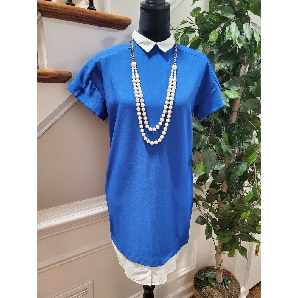 Zara Basic Womens Blue Polyester Collared Short Sleeve Knee Length Dress Size XS